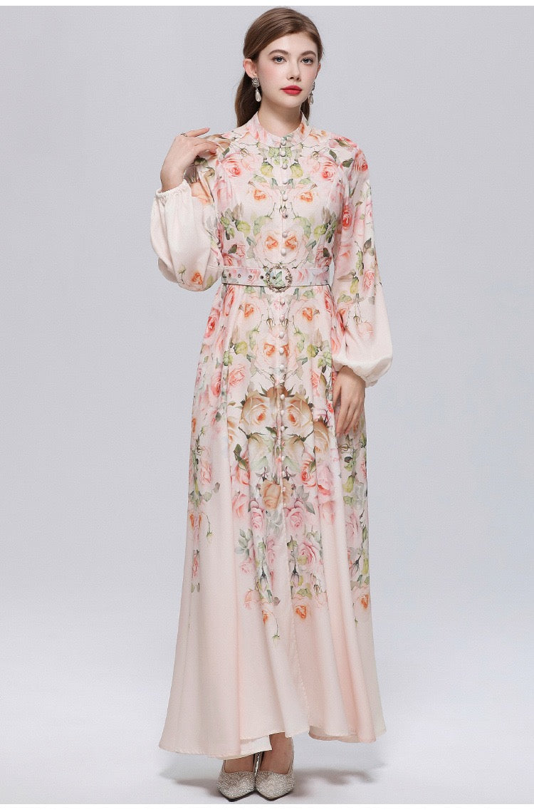 Valeria Vintage Desenli Kemerli Maxi Elbise