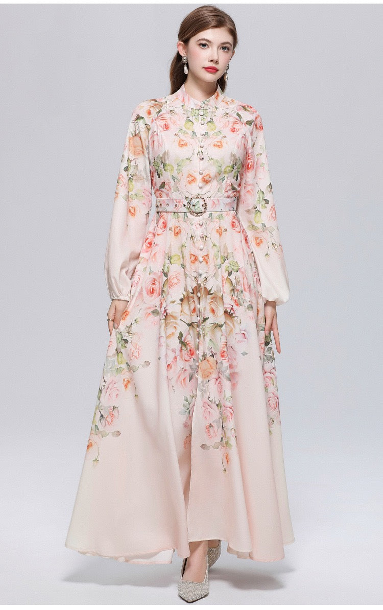 Valeria Vintage Desenli Kemerli Maxi Elbise
