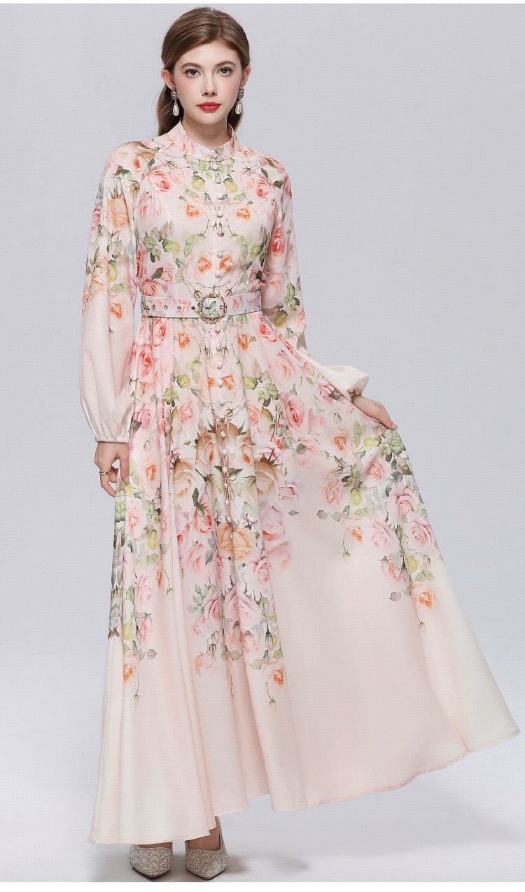 Valeria Vintage Desenli Kemerli Maxi Elbise