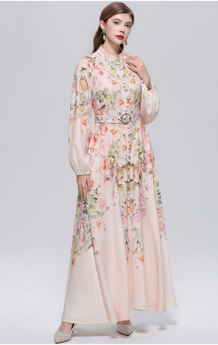 Valeria Vintage Desenli Kemerli Maxi Elbise