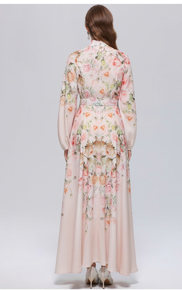 Valeria Vintage Desenli Kemerli Maxi Elbise