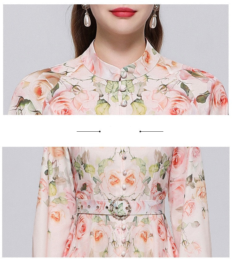Valeria Vintage Desenli Kemerli Maxi Elbise