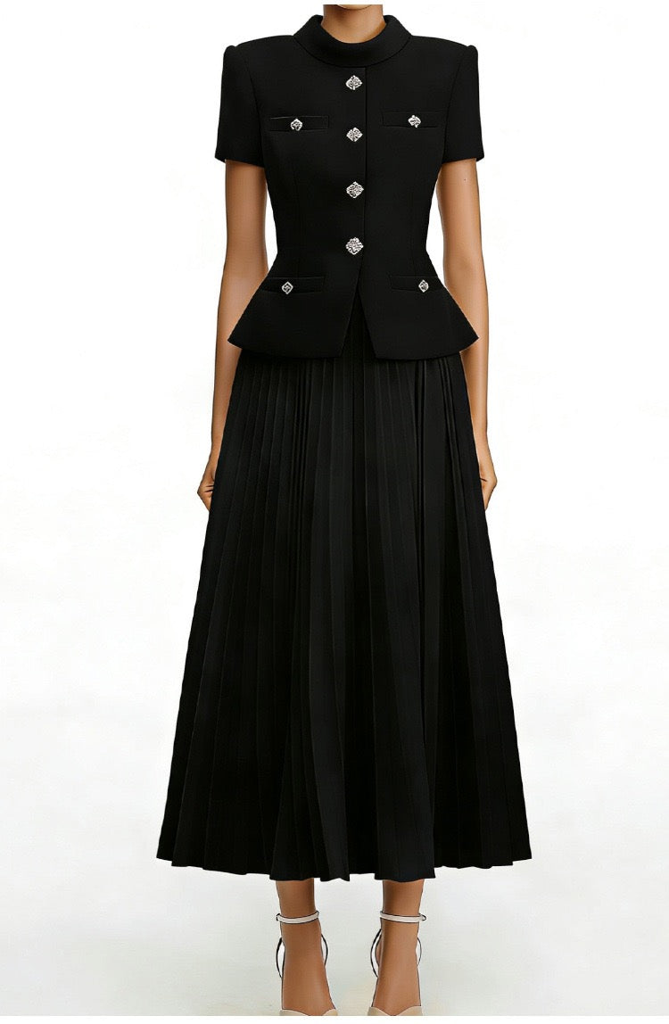 Chic Buttoned Blazer & Pleated Midi Skirt Set