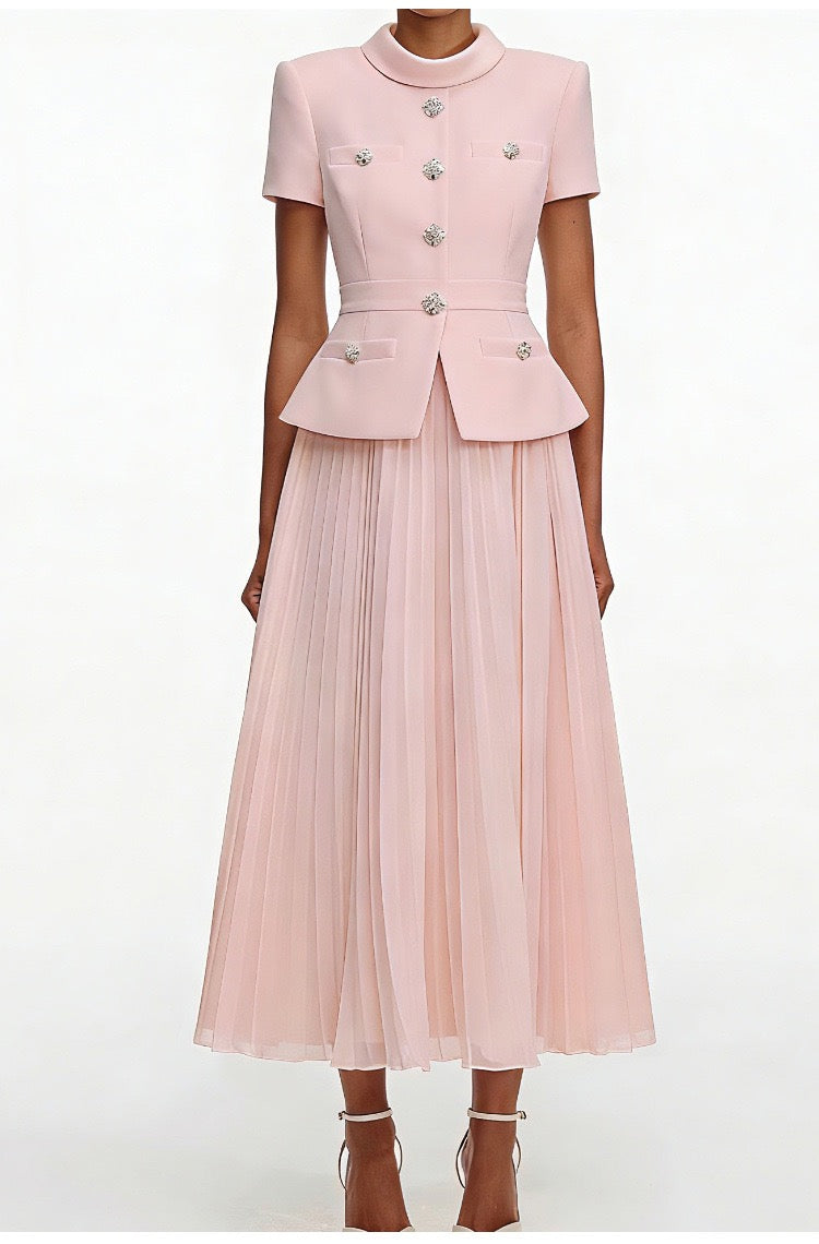 Chic Buttoned Blazer & Pleated Midi Skirt Set