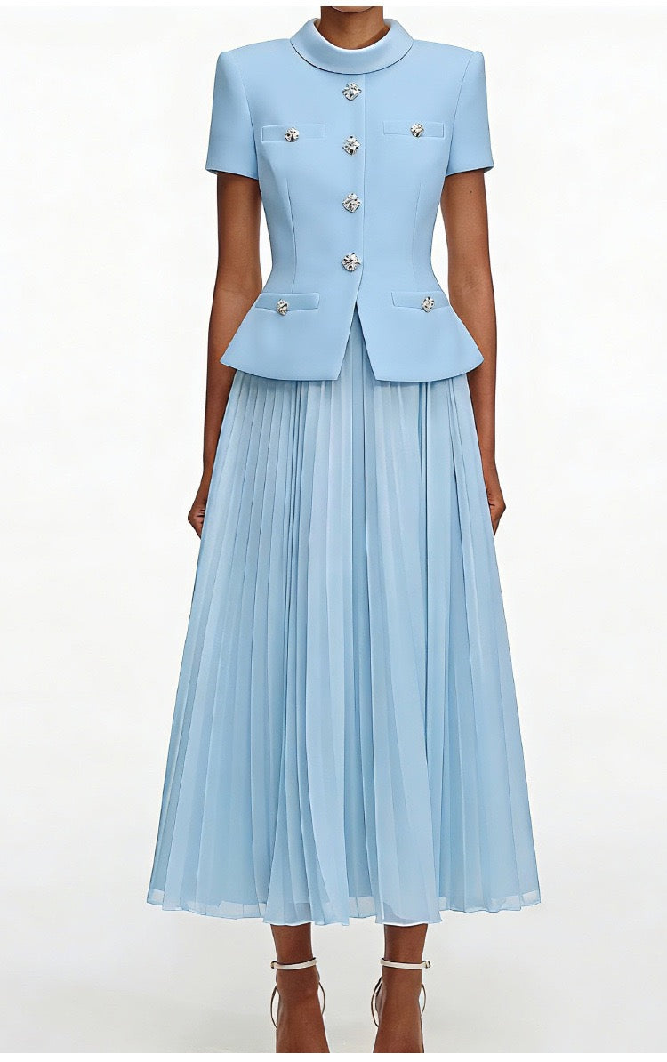 Chic Buttoned Blazer & Pleated Midi Skirt Set
