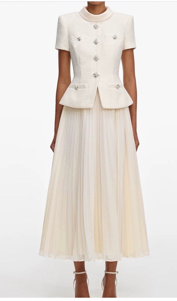 Chic Buttoned Blazer & Pleated Midi Skirt Set