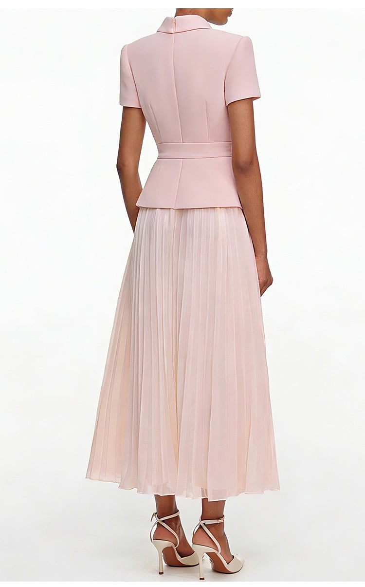 Chic Buttoned Blazer & Pleated Midi Skirt Set