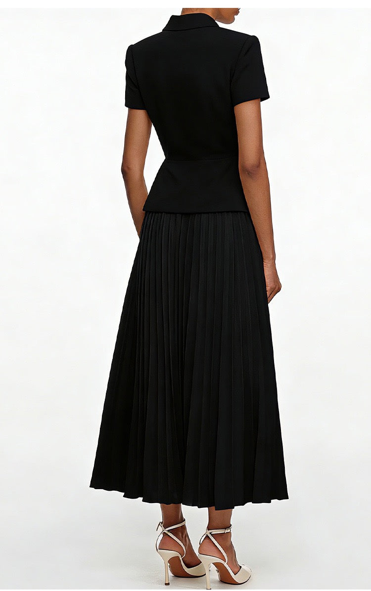 Chic Buttoned Blazer & Pleated Midi Skirt Set
