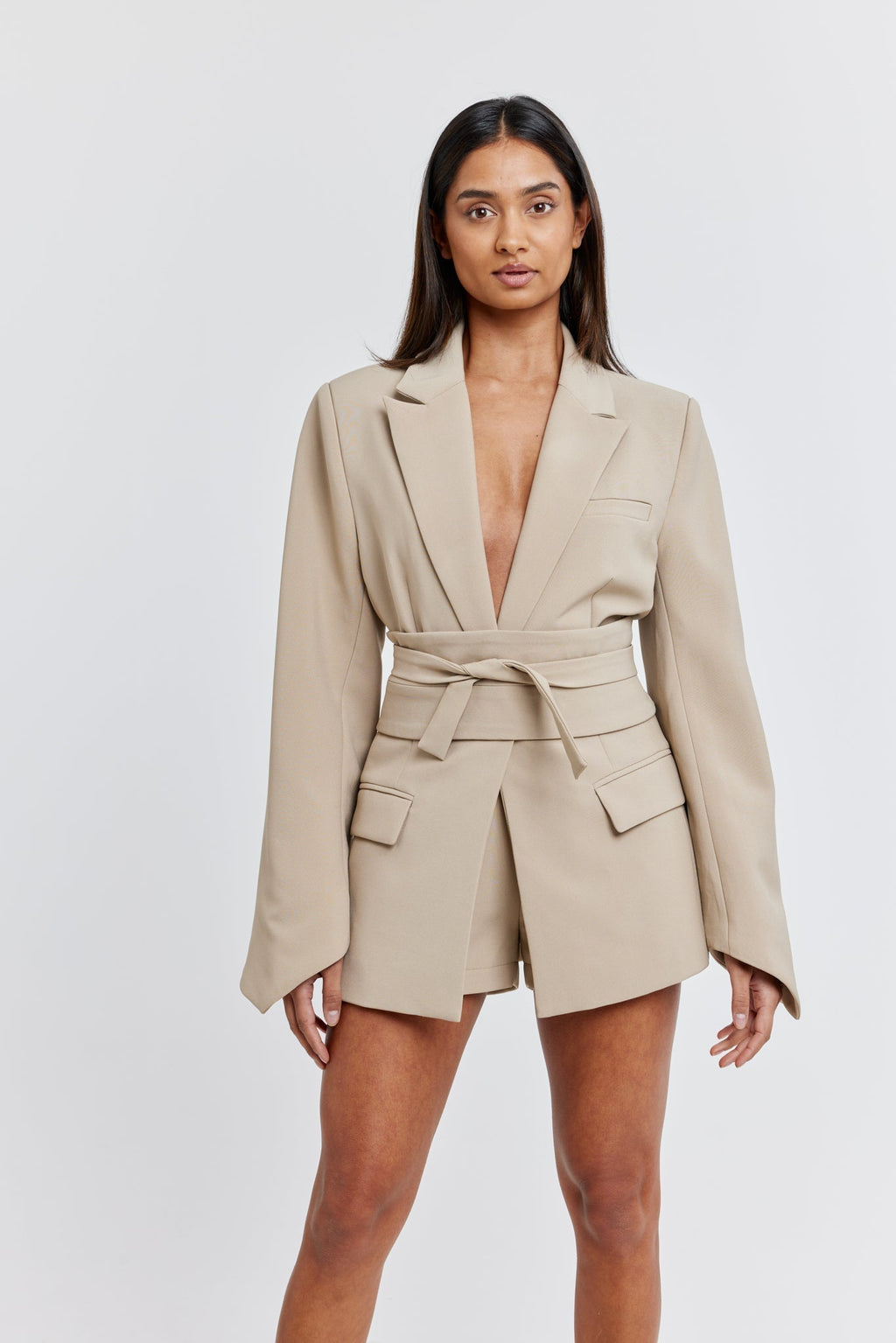 Taupe Kemerli Blazer Ceket
