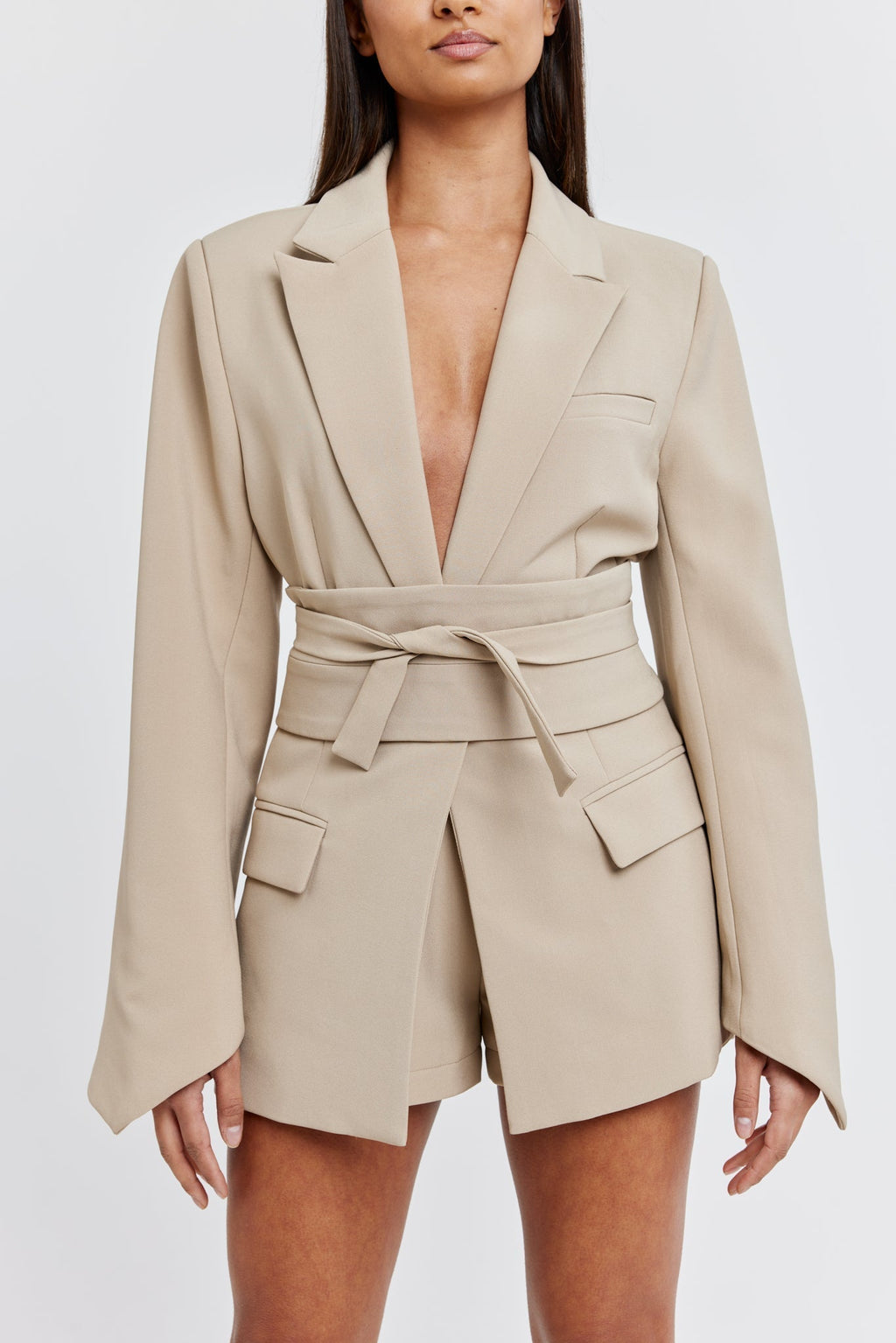 Taupe Kemerli Blazer Ceket
