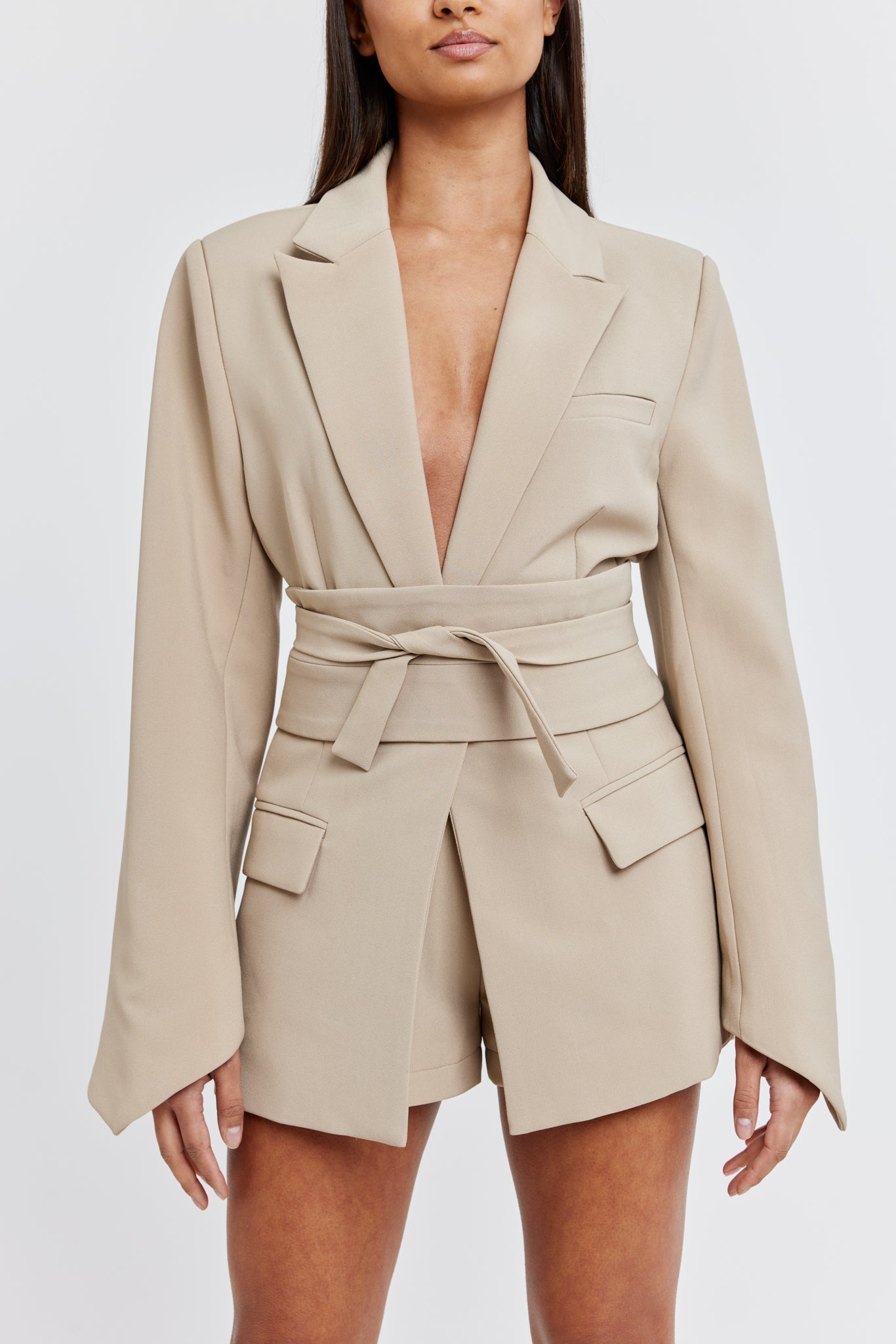 Taupe Kemerli Blazer Ceket