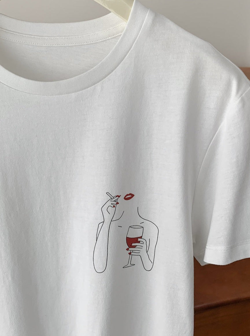Yuvarlak Yaka Trendy Gevşek Baskılı Kısa Kollu