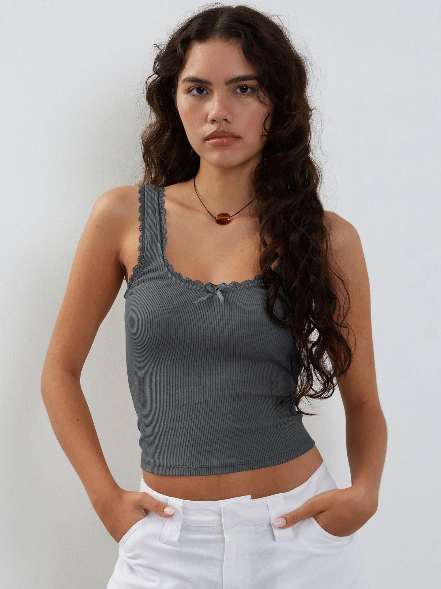 Muı Koyu Gri Dantel Crop Top