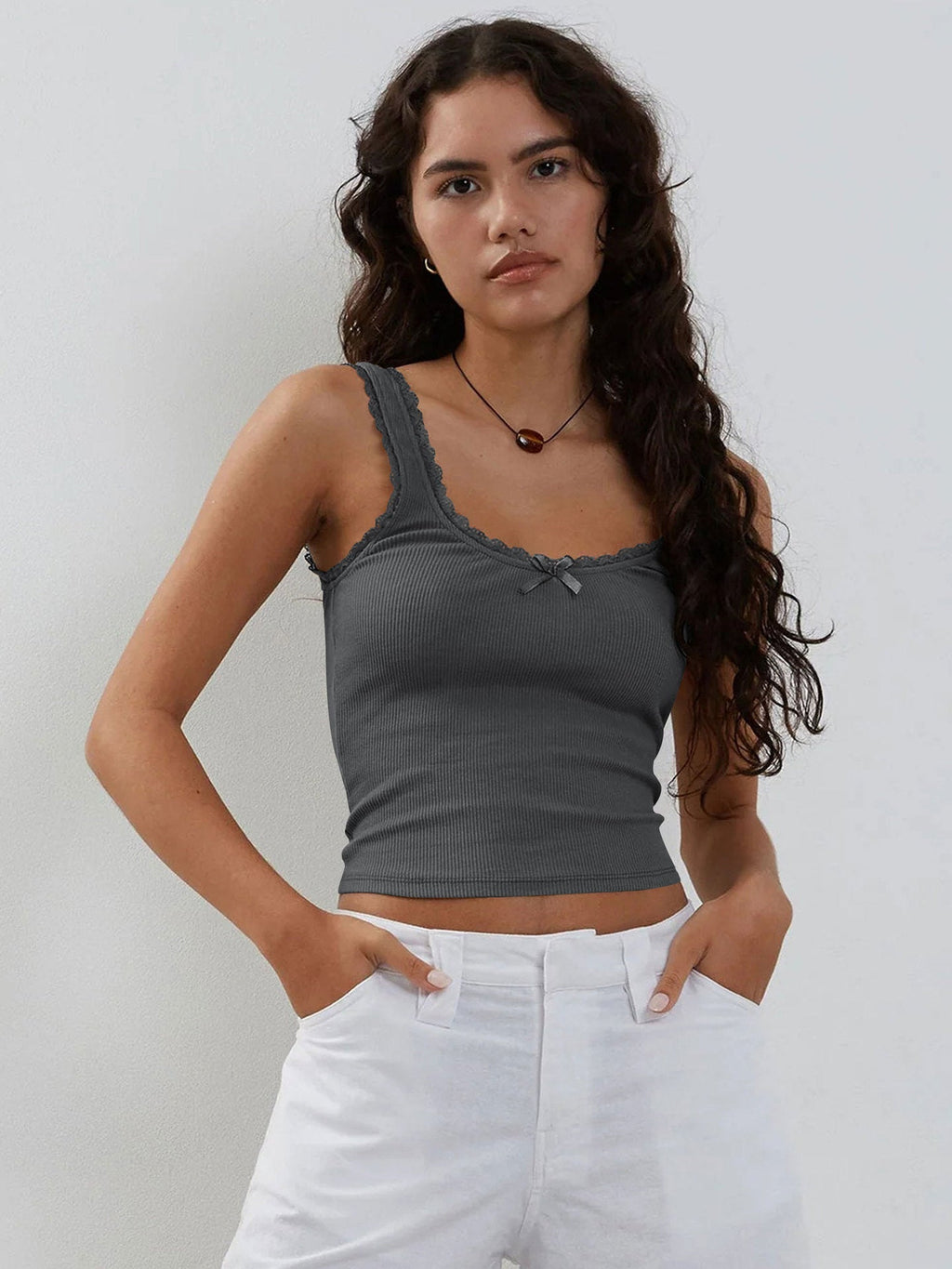 Muı Koyu Gri Dantel Crop Top