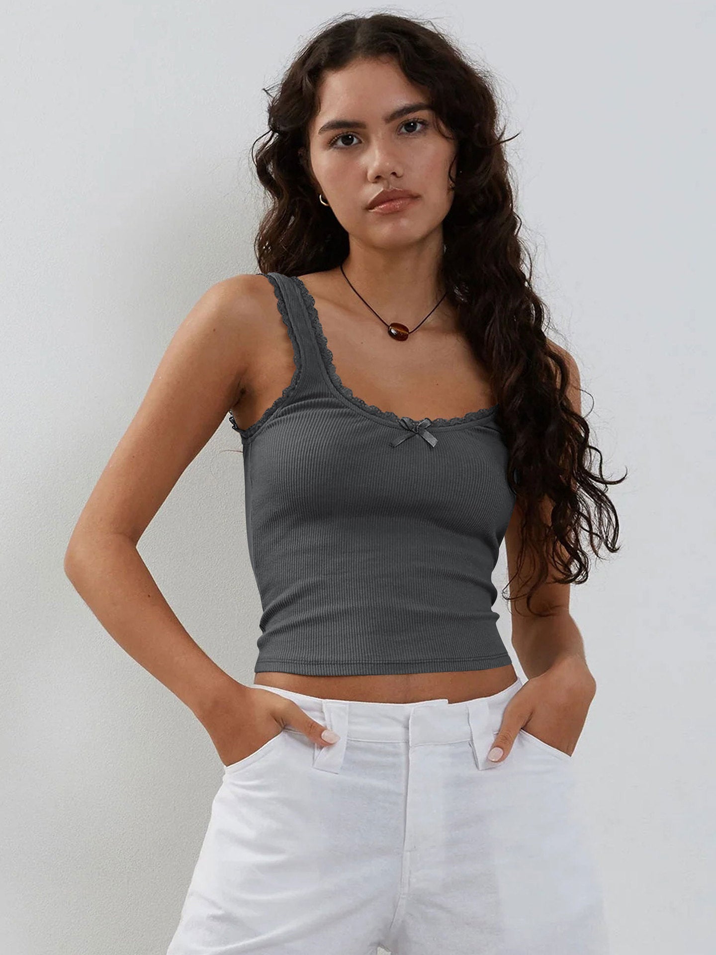 Muı Koyu Gri Dantel Crop Top