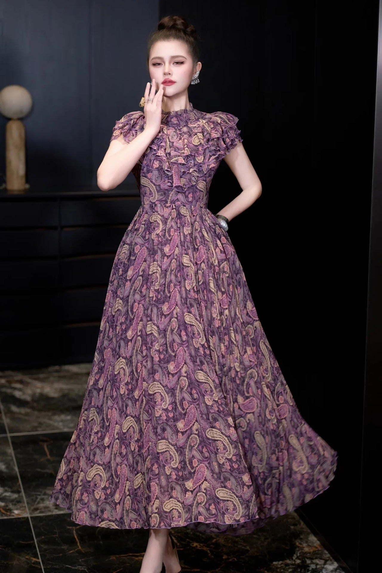 Vintage Rouge Desenli Uzun Elbise