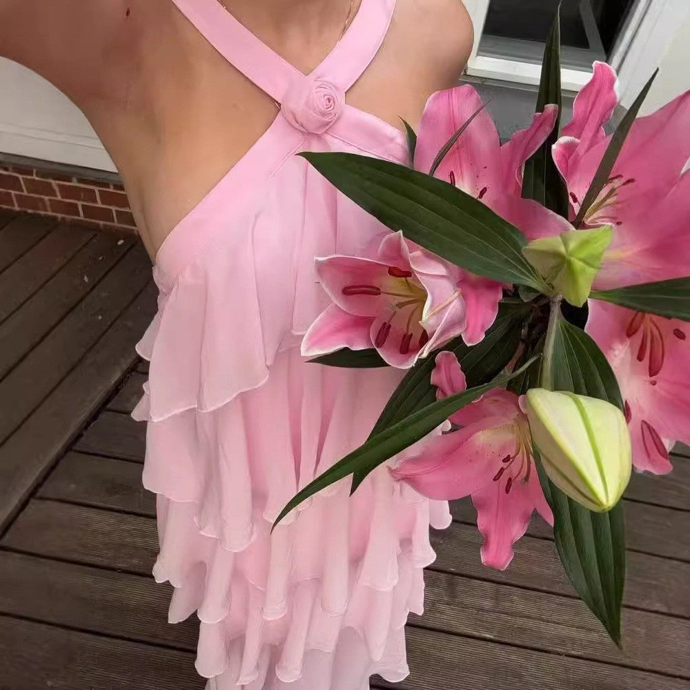 Halter Yaka Kat Kat Maxi Elbise