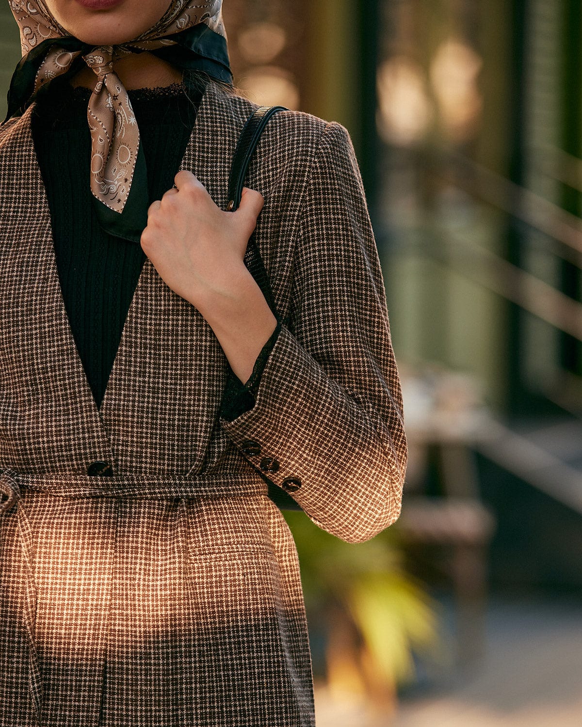 V Yaka Ekoseli Tek Düğmeli Blazer