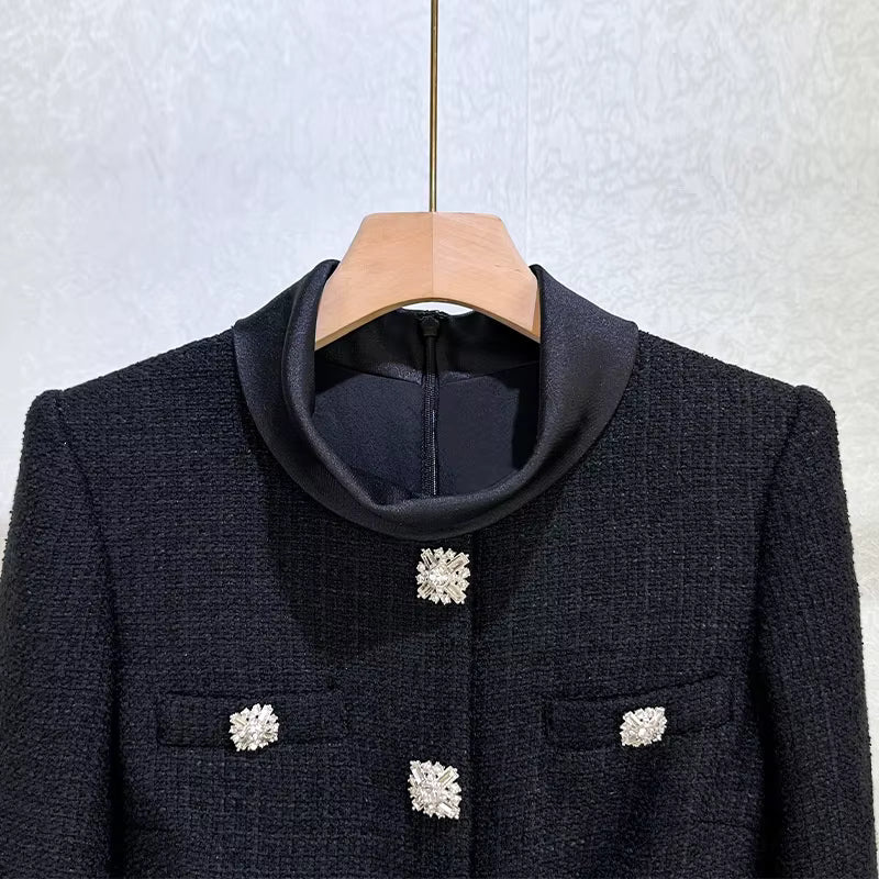 Fransız Retro Patchwork Siyah Uzun Elbise