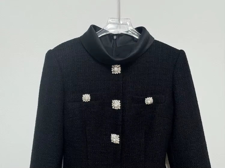Fransız Retro Patchwork Siyah Uzun Elbise