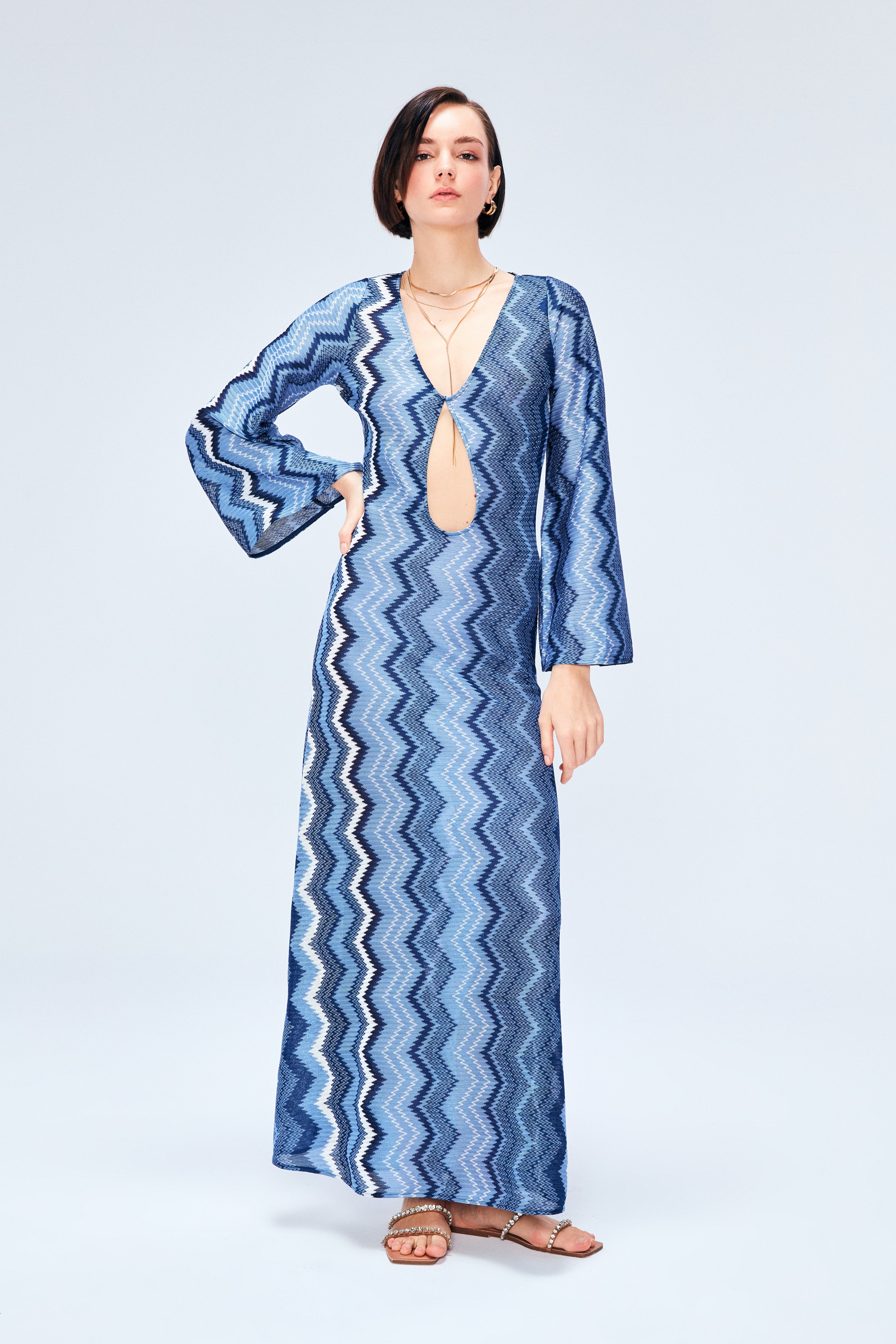 Lucia Maxi Elbise Blue Jasper Zigzag Knit