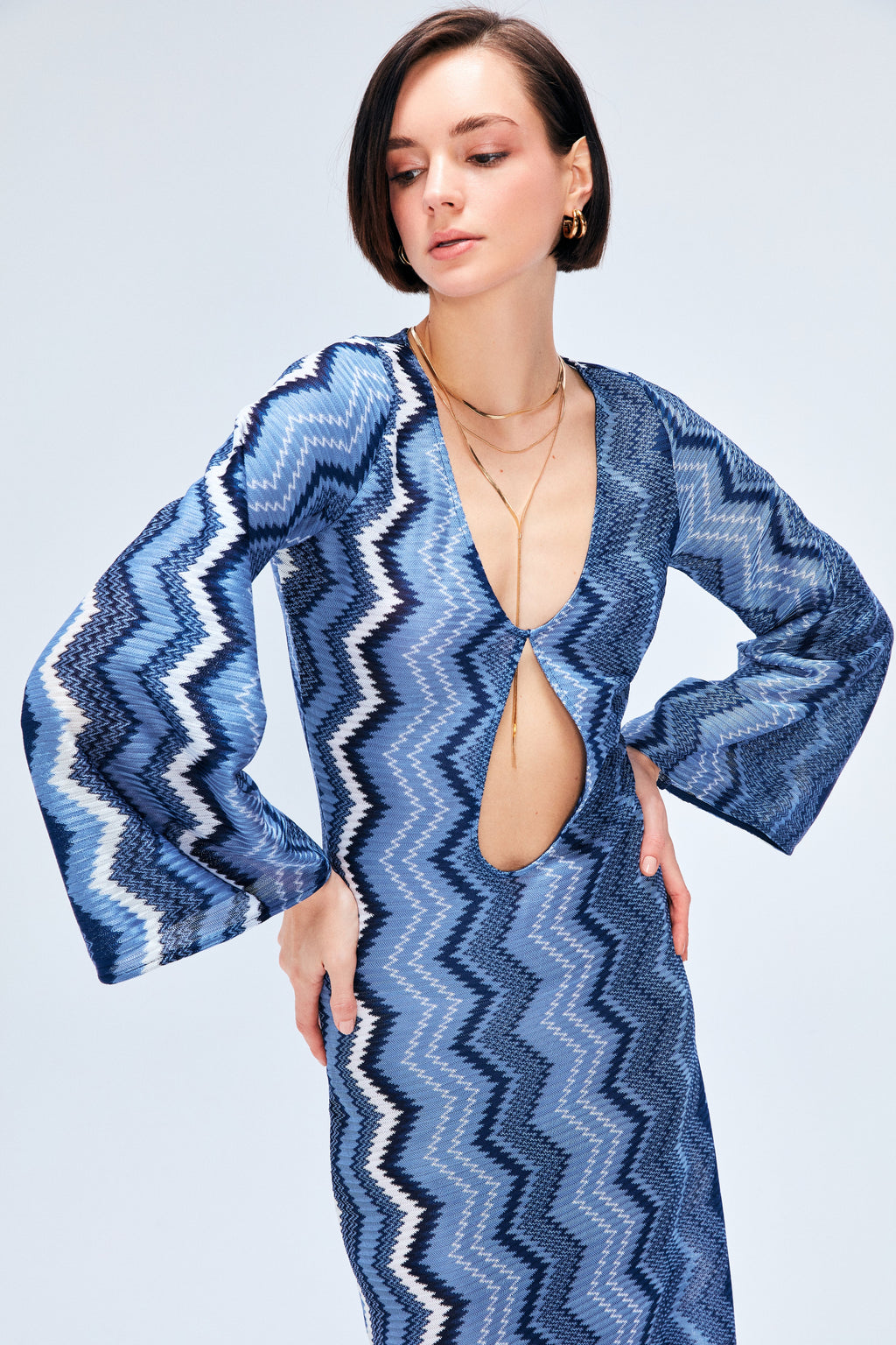 Lucia Maxi Elbise Blue Jasper Zigzag Knit