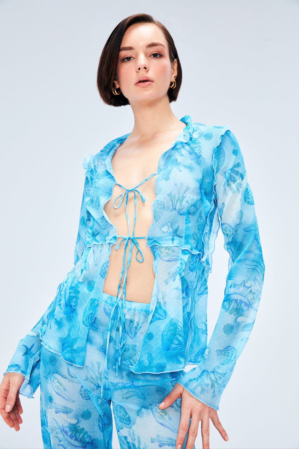 Aqua Şifon Baskılı Fırfırlı Bluz Mavi