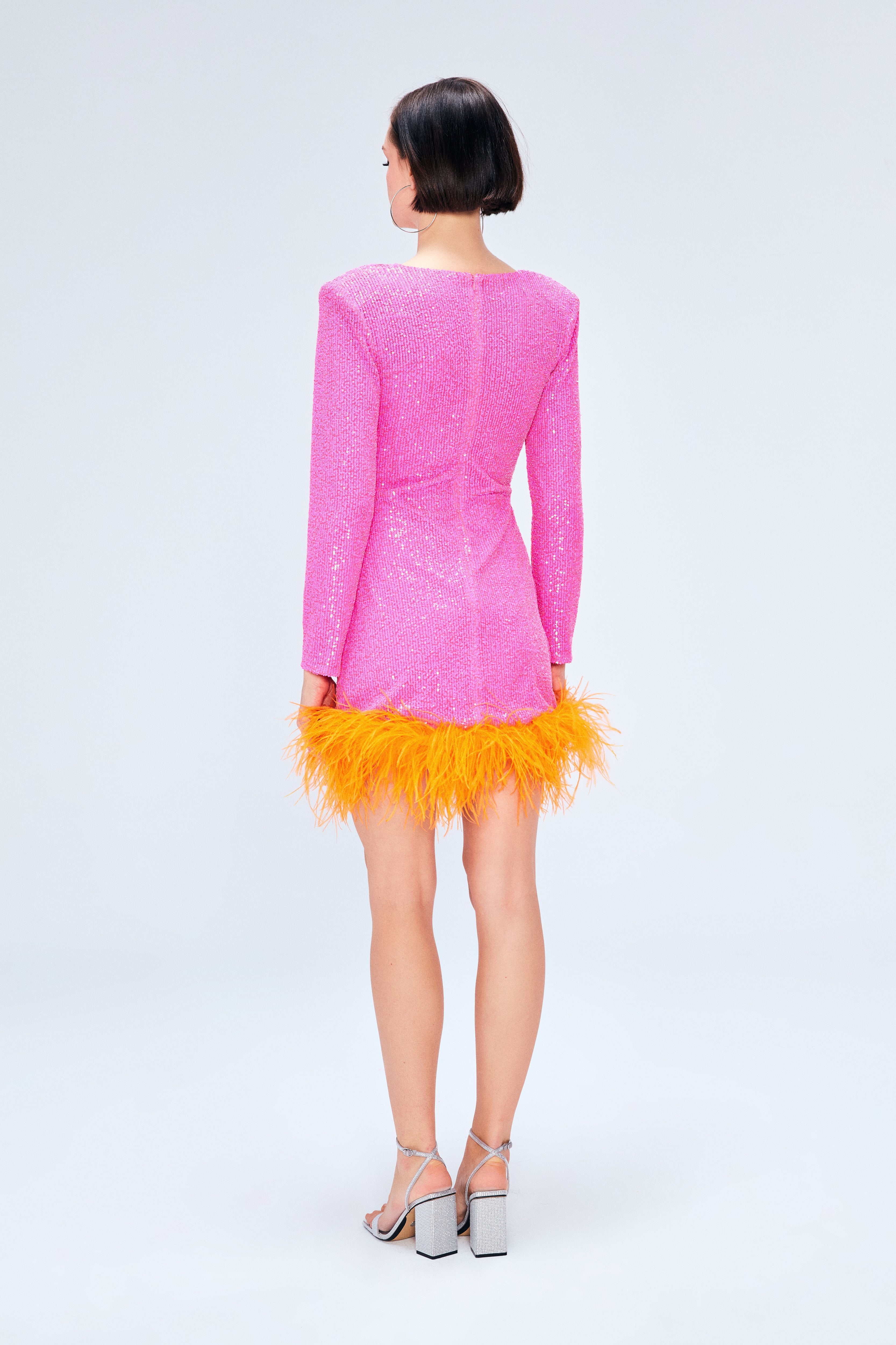 Myriam Sequin Dress With Feather Embellishment In Berry