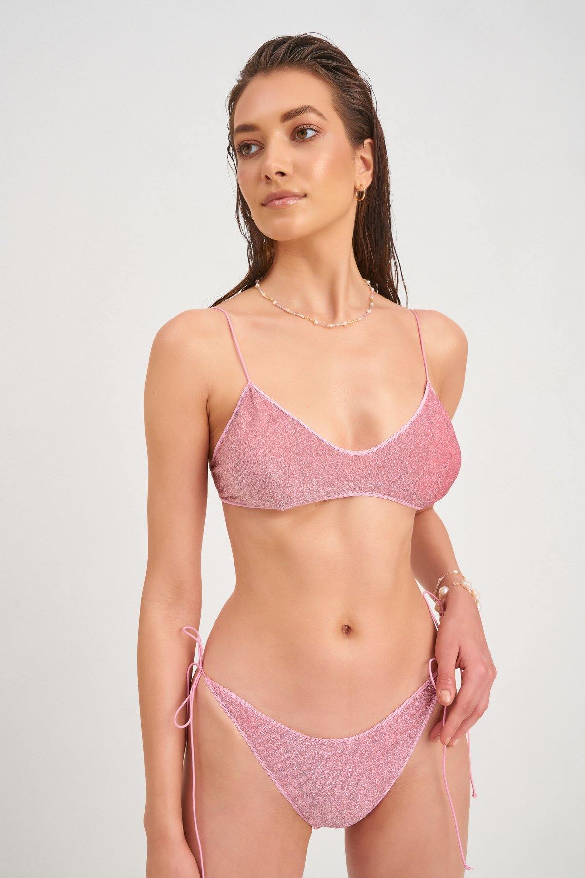 Tina Yandan Bağlamalı Simli Bikini Altı Pembe
