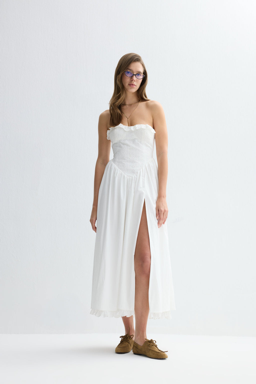 Jolene Brode Poplin Straplez Midi Elbise Beyaz