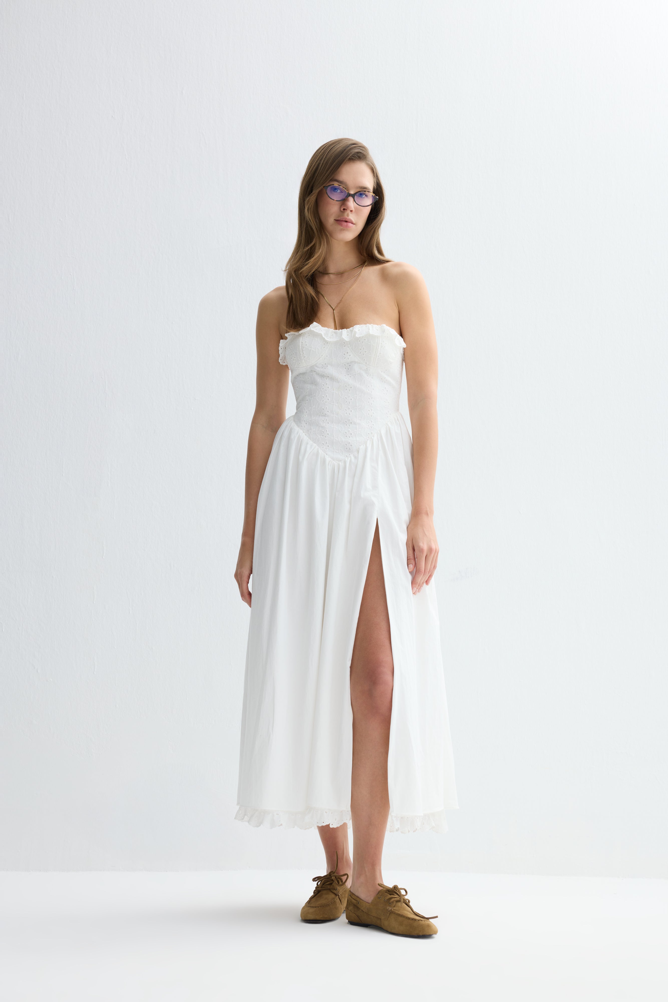 Jolene Brode Poplin Straplez Midi Elbise Beyaz
