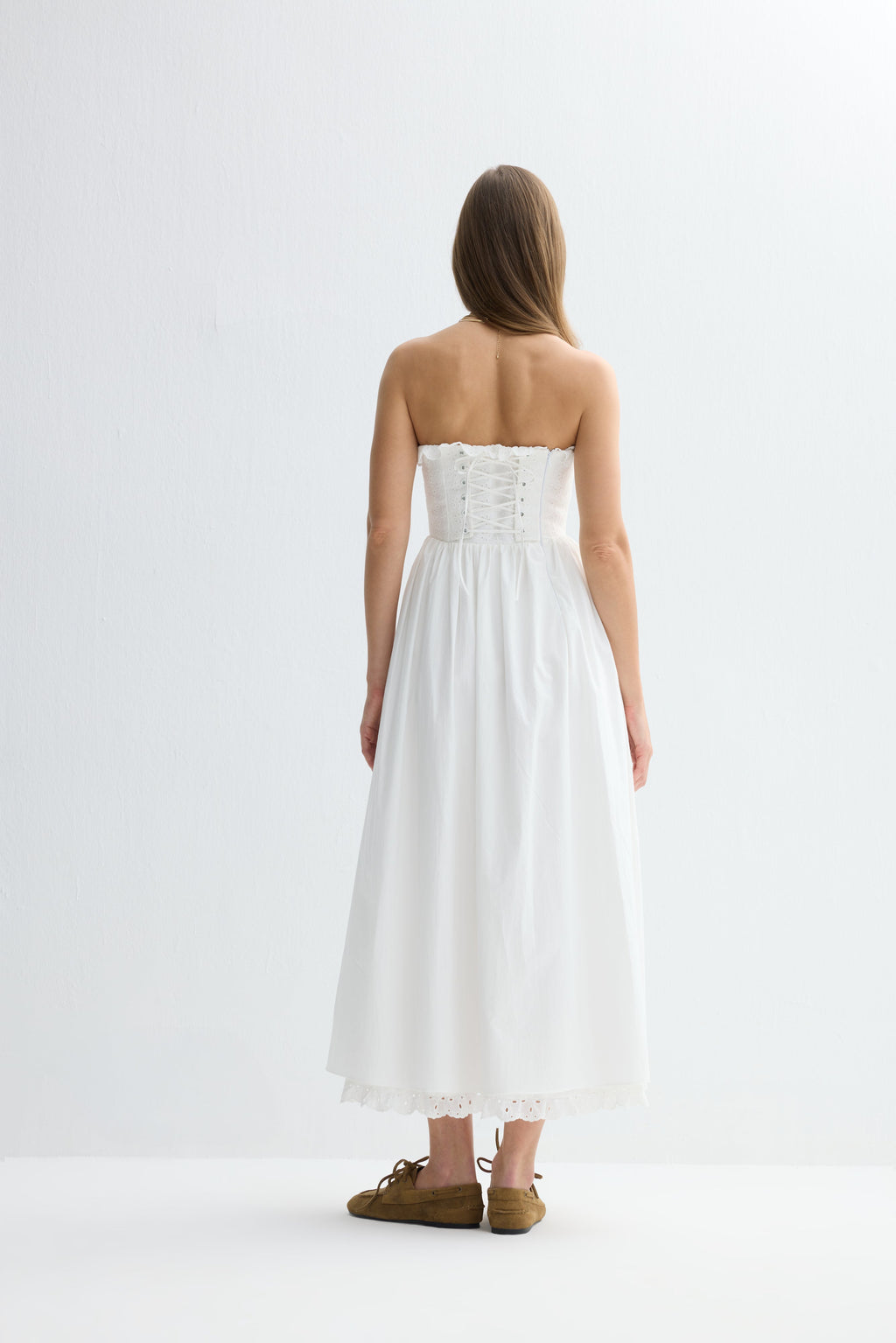 Jolene Brode Poplin Straplez Midi Elbise Beyaz