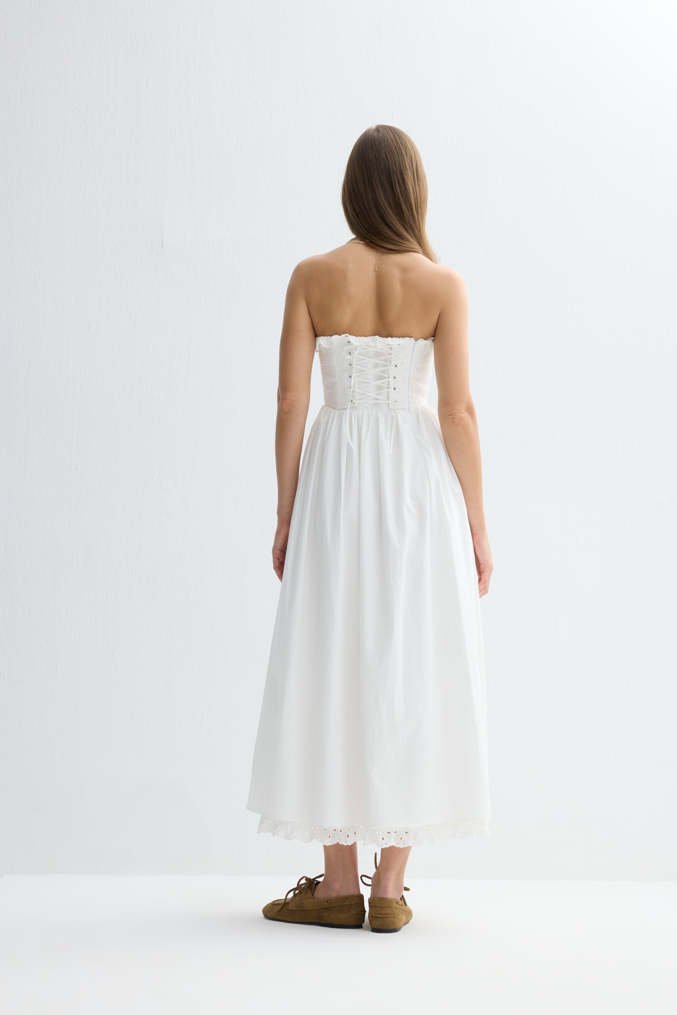 Jolene Brode Poplin Straplez Midi Elbise Beyaz