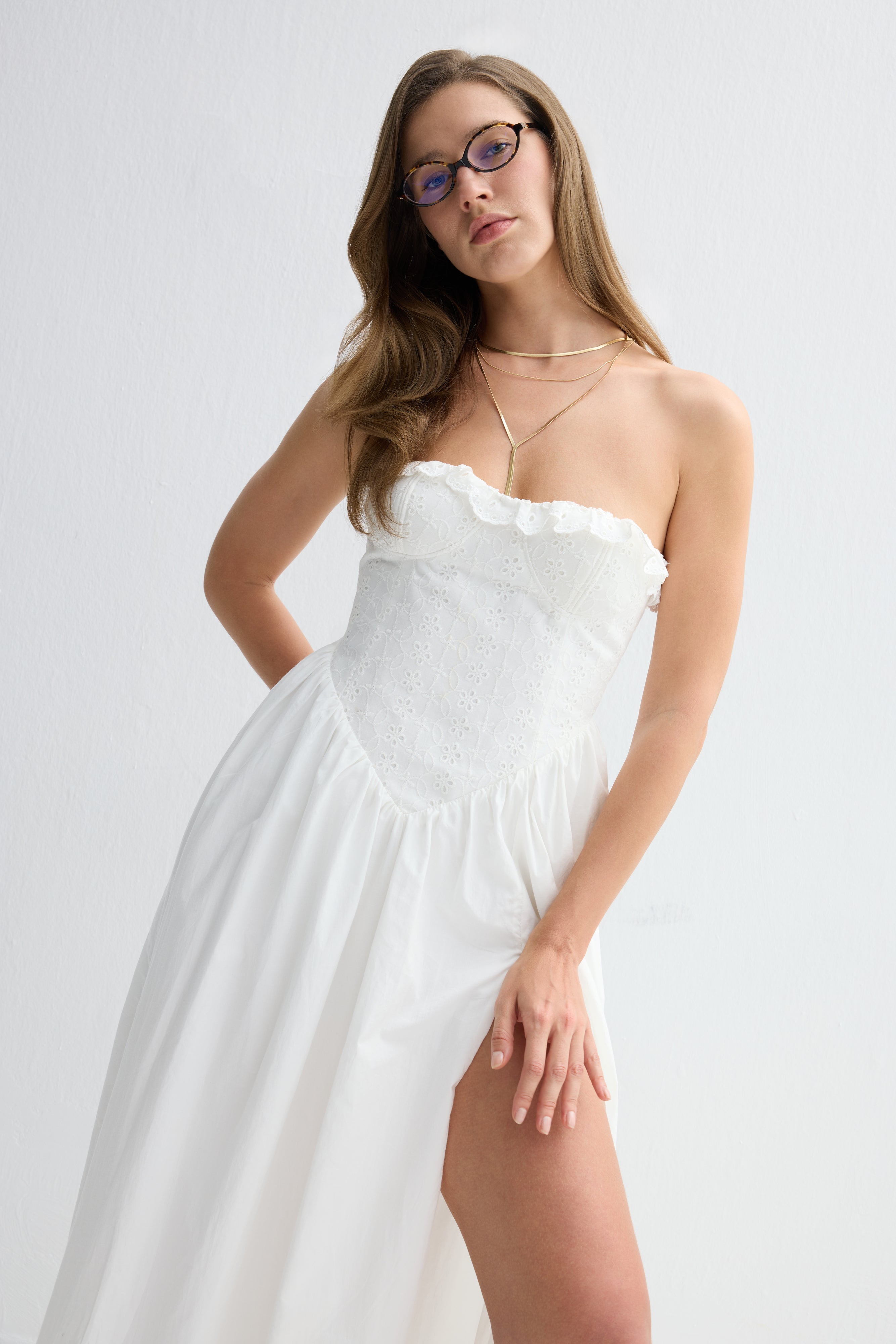 Jolene Brode Poplin Straplez Midi Elbise Beyaz