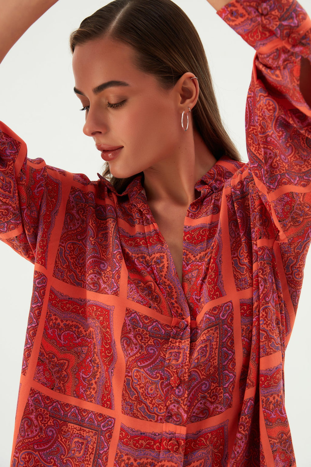 Prinkipo Vegan İpek Baskılı Oversize Gömlek Turuncu