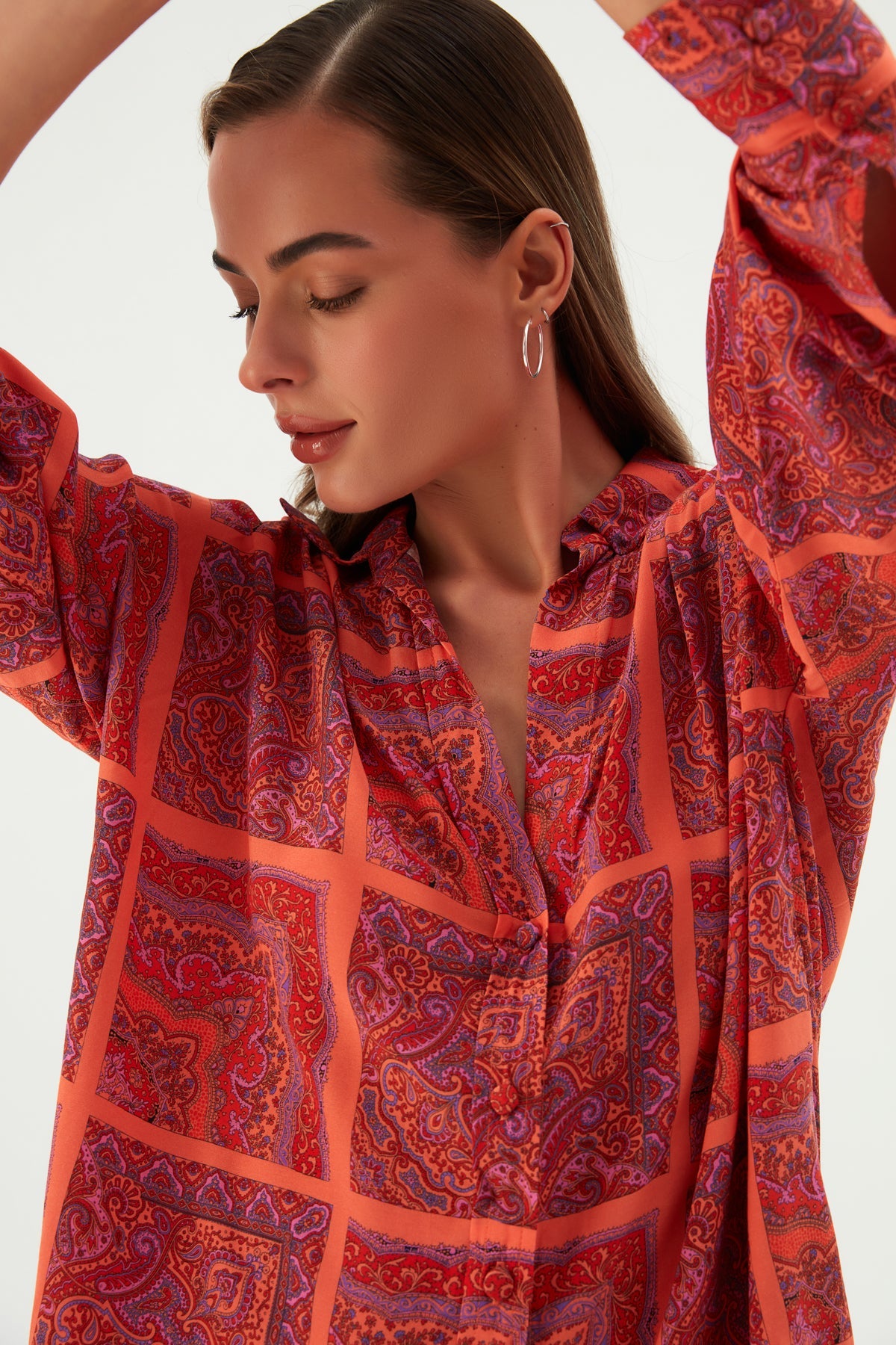 Prinkipo Vegan İpek Baskılı Oversize Gömlek Turuncu