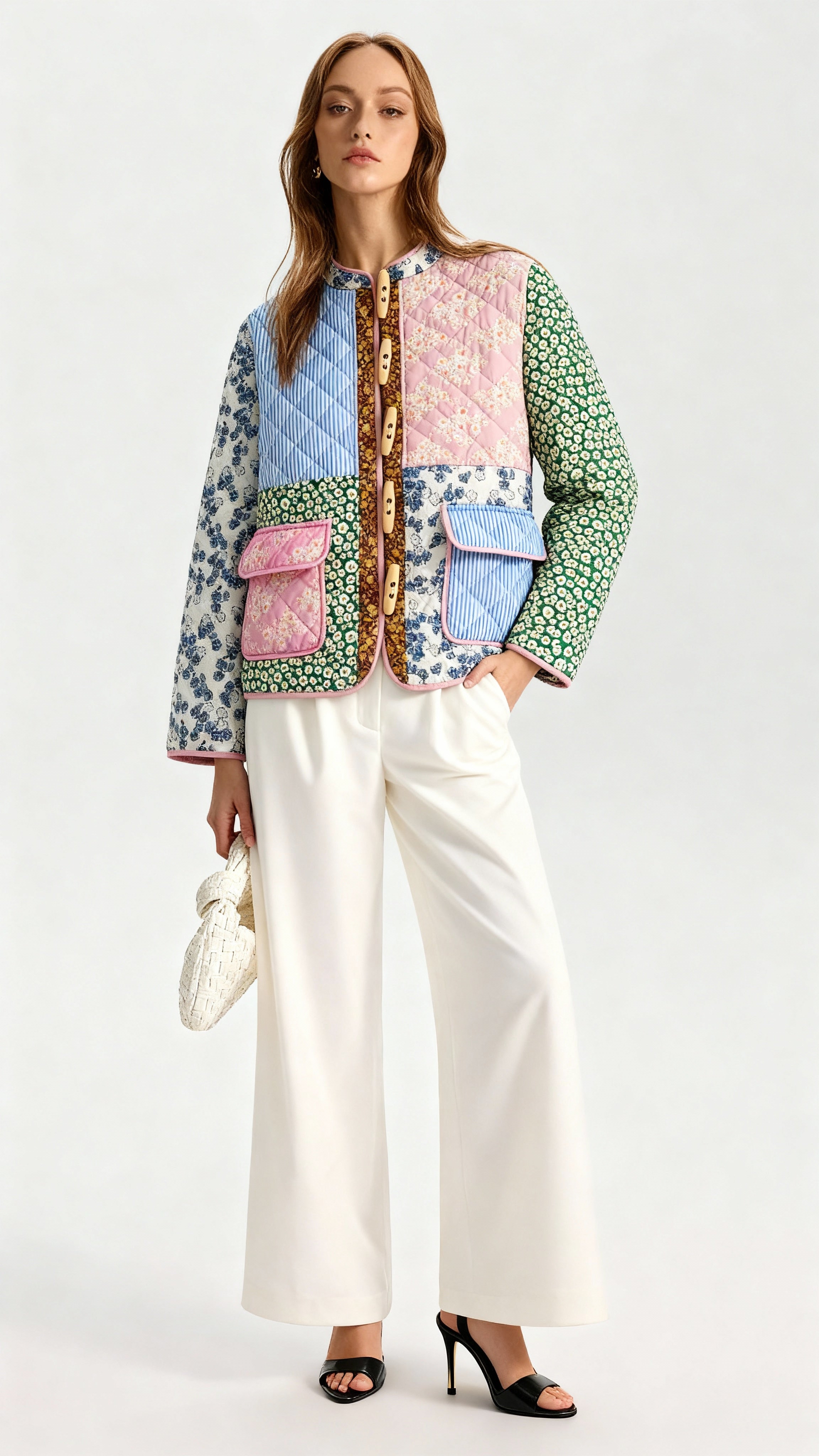 Açık Patchwork Ceket Uzun Kol Çok Renkli Dokuma