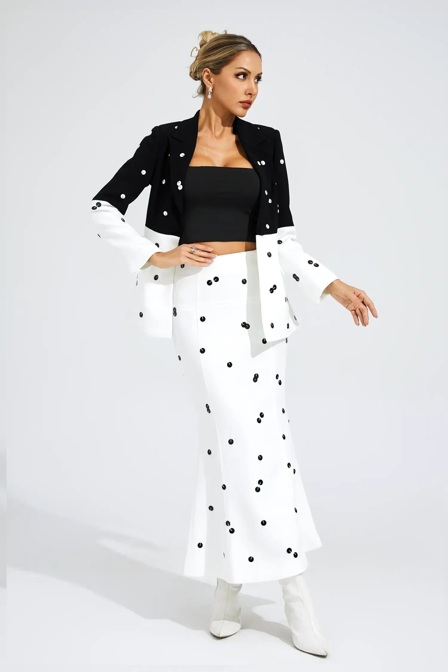 Noella Beyaz Puantiyeli Payetler Blazer Takım