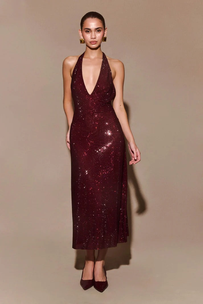 Diamante Halter Midi Elbise - Maun