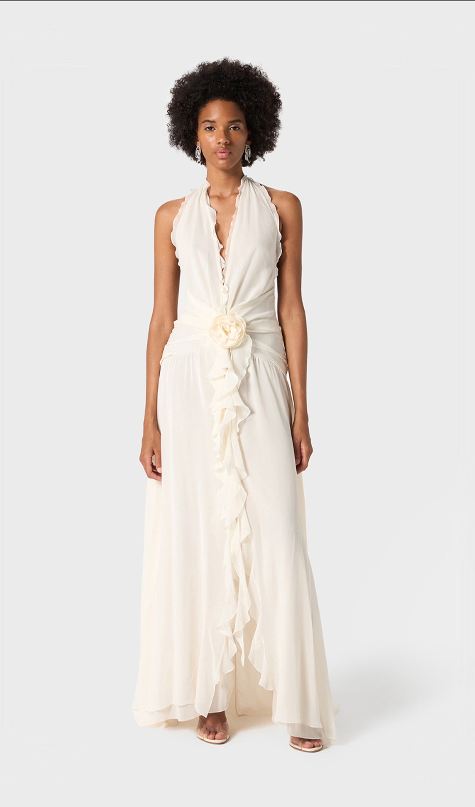 Halter Ruffles Gül Süslemeli Maksi Elbise
