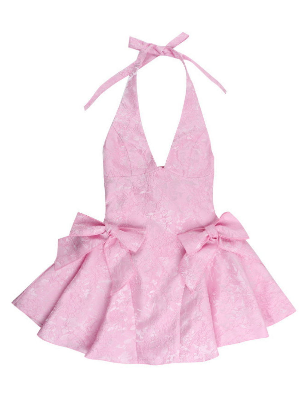Yaldrex Plunge Neck Bow Jacquard Mini Elbise
