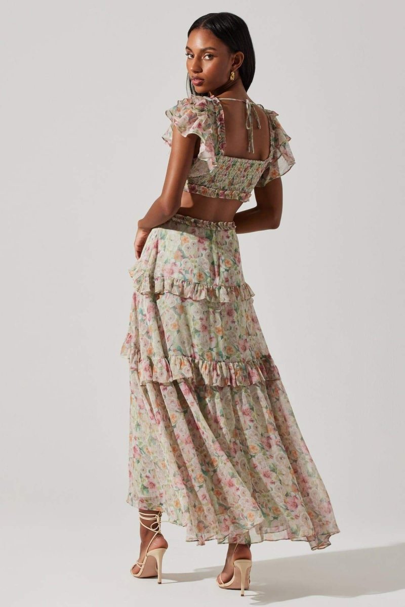Agatha Baskılı Fırfırlı Cut-Out Midi Elbise