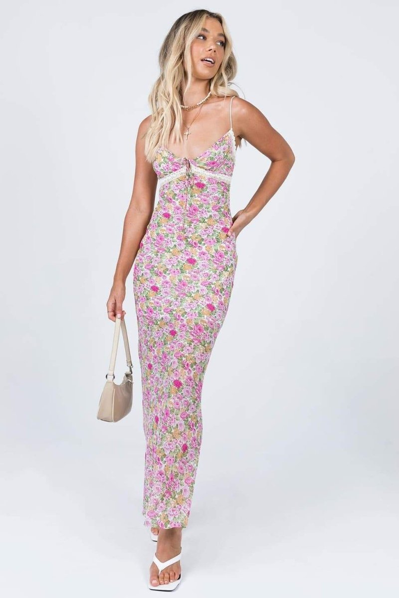 Angelica Baskılı Büzgülü Maxi Slip Elbise