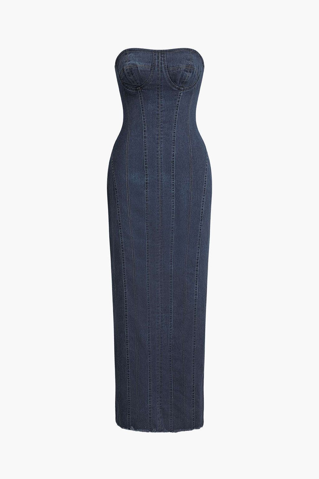 Dikiş Detaylı Fermuar Yırtmaçlı Denim Straplez maksi Elbise