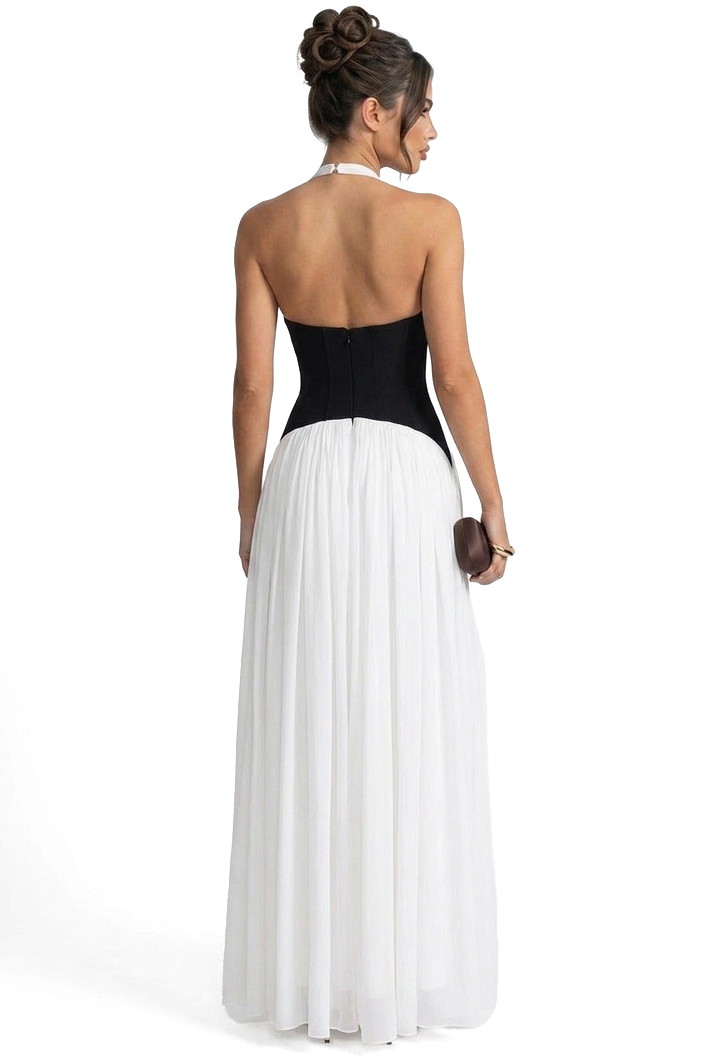 Agathe Halter Neck Pleated Gown With Contrast Corset Waistband - White