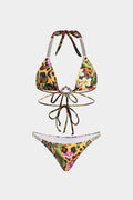 Tropikal Desenli Strass Detaylı Askılı Bikini Takımı
