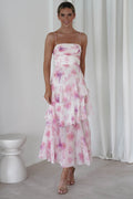 Becca Ruffle Floral Uzun Elbise | Beyaz/Pembe