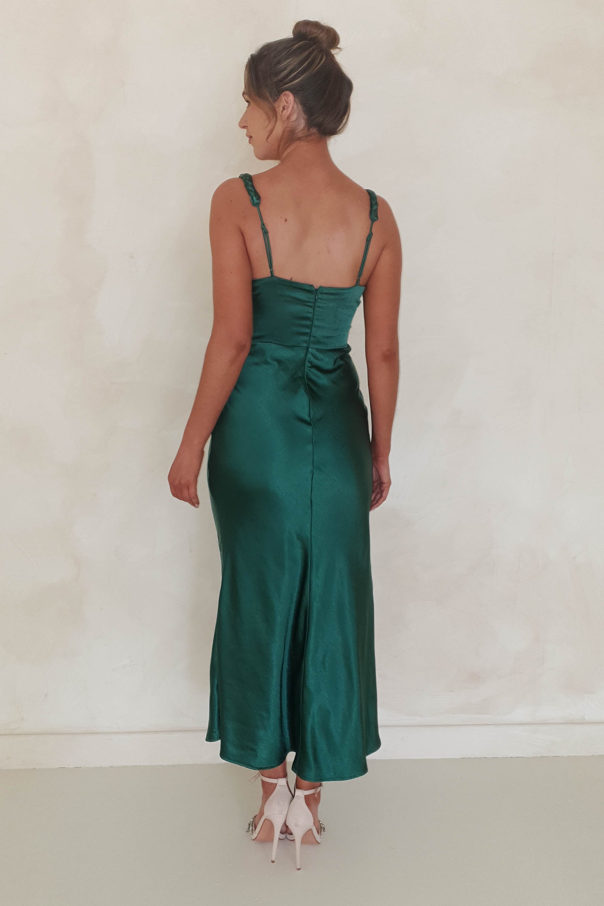 Bethanie Soft Satin Uzun Elbise | Koyu Yeşil