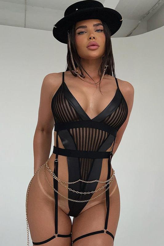 Zebra Dantel Body Siyah Derin V Yaka Çizgili