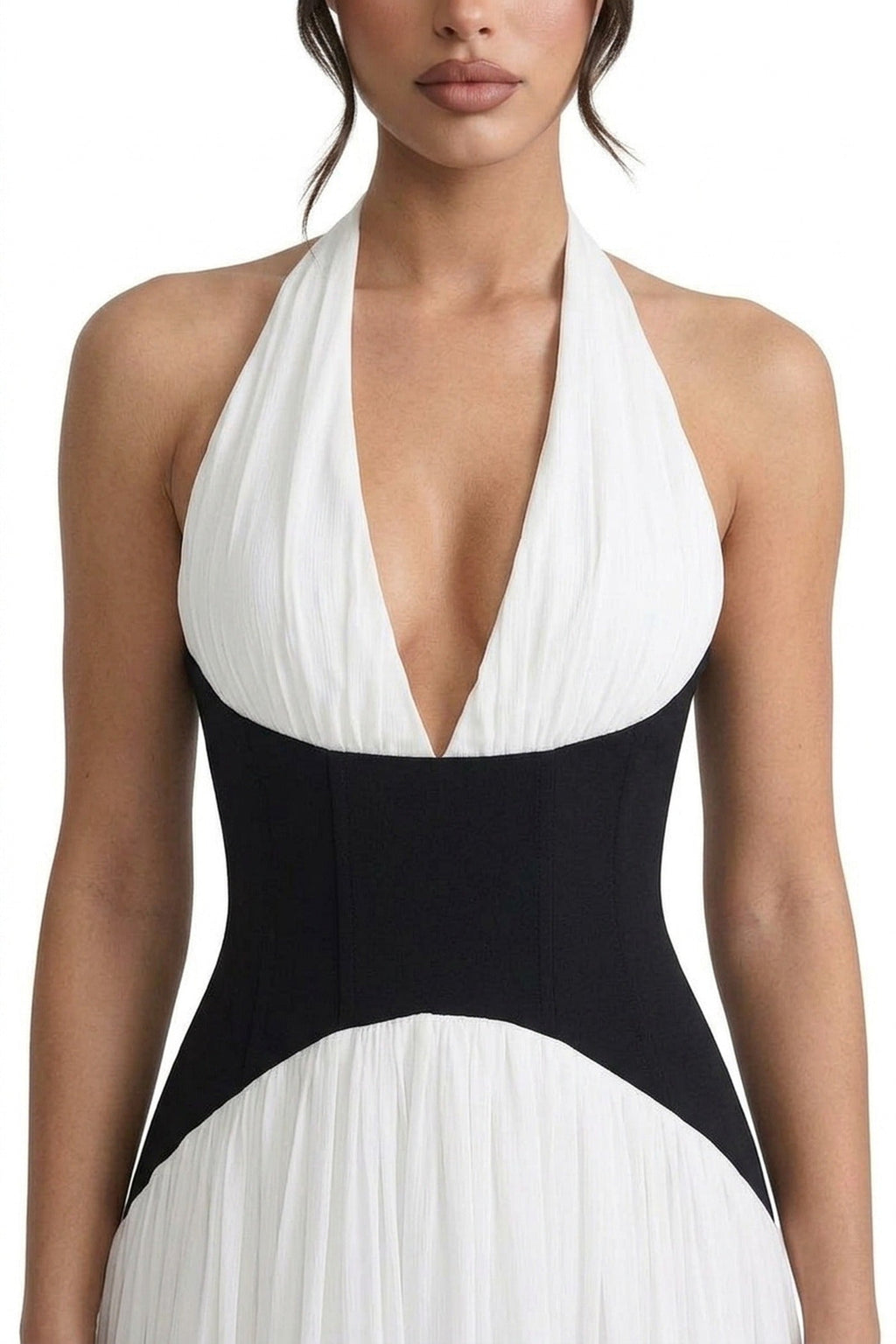 Agathe Halter Neck Pleated Gown With Contrast Corset Waistband - White